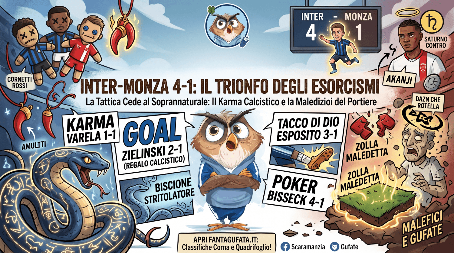 Il gufo mascotte di FantaGufata sul prato di San Siro, con sciarpe nerazzurre e biancorosse, una bambolina voodoo e un cornetto rosso accanto a un pallone.