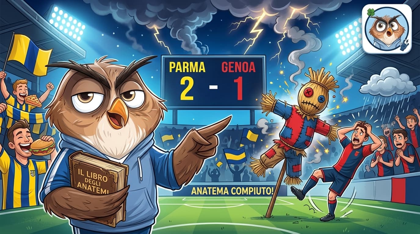 Il gufo mascotte di FantaGufata appollaiato sul prato del Tardini, con sciarpe gialloblù del Parma e rossoblù del Genoa e un feticcio scaramantico arrugginito.