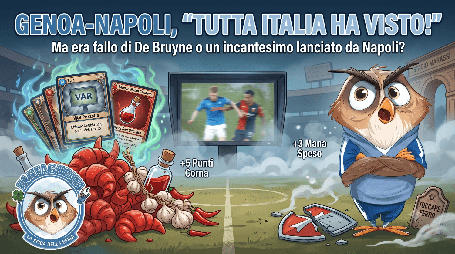 Il gufo mascotte di FantaGufata tra sciarpe rossoblù del Genoa e azzurre del Napoli, con un cornetto rosso e un pallone sotto una luce misteriosa.