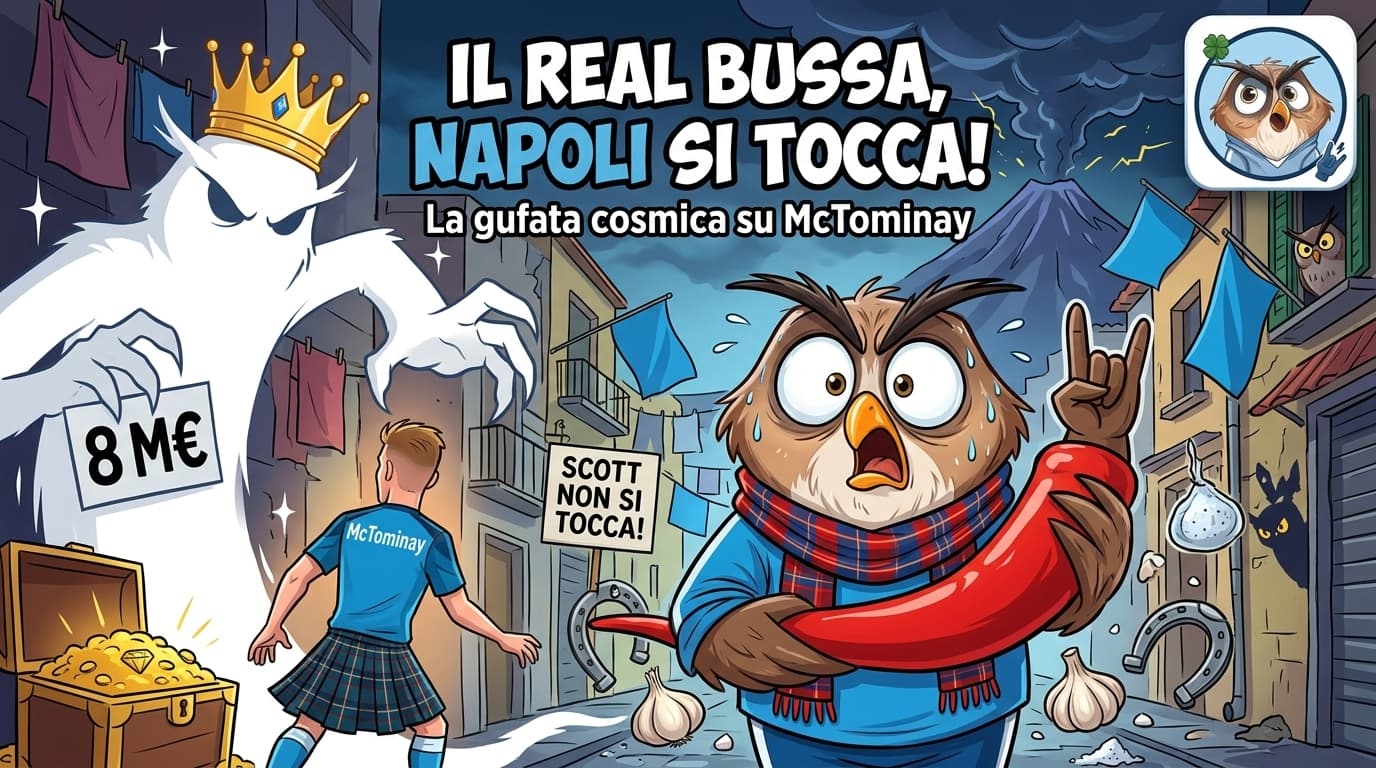 Il gufo mascotte di FantaGufata con una sciarpa azzurra stringe un cornetto rosso portafortuna, mentre un'ombra bianca si allunga alle sue spalle.