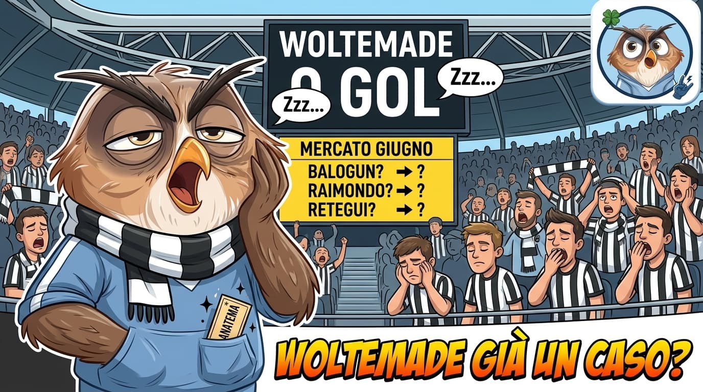 Il gufo mascotte di FantaGufata con una sciarpa bianconera su un pallone, accanto a un amuleto arrugginito e a una porta socchiusa sul retro dello stadio.